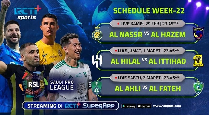 Jadwal Lengkap Liga Arab Saudi di RCTI+ Pekan Ini: Ada Al Nassr Vs Al Hazem Jadwal Lengkap Liga Arab Saudi di RCTI+ Pekan Ini: Ada Al Nassr Vs Al Hazem