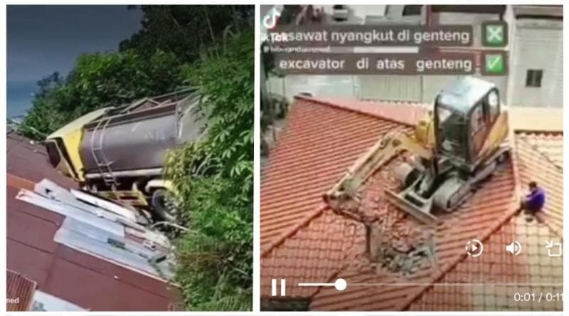 Usai Motor dan Mobil Nyangkut di Atas Genteng, Giliran Truk dan Excavator Loncat ke Atap Rumah Warga