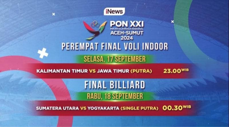 Voli Putra Jatim Vs Kaltim, Lanjut Pertandingan Biliar PON 2024 Malam Ini Pukul 23.00 WIB hanya di iNews Voli Putra Jatim Vs Kaltim, Lanjut Pertandingan Biliar PON 2024 Malam Ini Pukul 23.00 WIB hanya di iNews