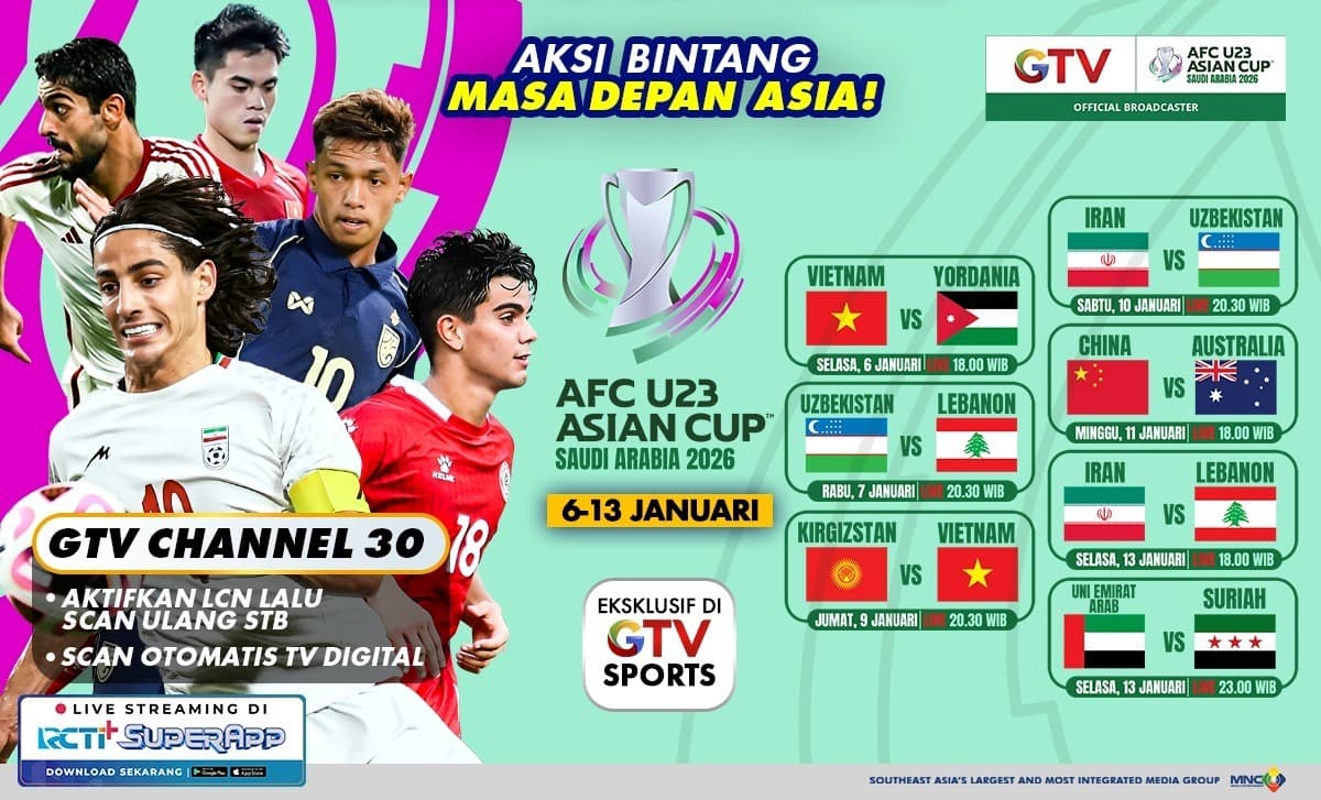 Live GTV Malam Hari! Ini Jadwal Siaran Langsung Piala Asia U-23 2026: Vietnam vs Yordania hingga China vs Australia Live GTV Malam Hari! Ini Jadwal Siaran Langsung Piala Asia U-23 2026: Vietnam vs Yordania hingga China vs Australia