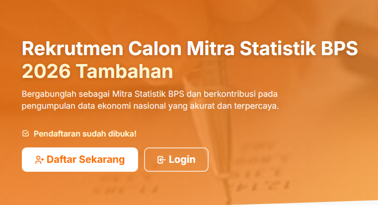 Rekrutmen Mitra Statistik BPS 2026 Dibuka: Ini Jadwal, Syarat hingga Cara Daftarnya Rekrutmen Mitra Statistik BPS 2026 Dibuka: Ini Jadwal, Syarat hingga Cara Daftarnya
