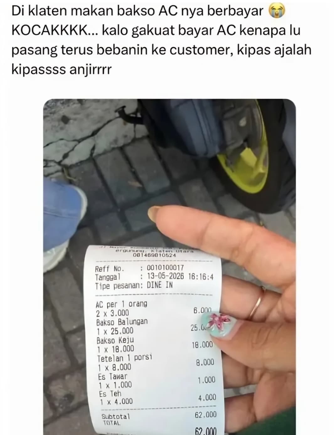 Viral Struk Bakso di Klaten Dikenakan Biaya AC Rp3 Ribu per Orang Viral Struk Bakso di Klaten Dikenakan Biaya AC Rp3 Ribu per Orang