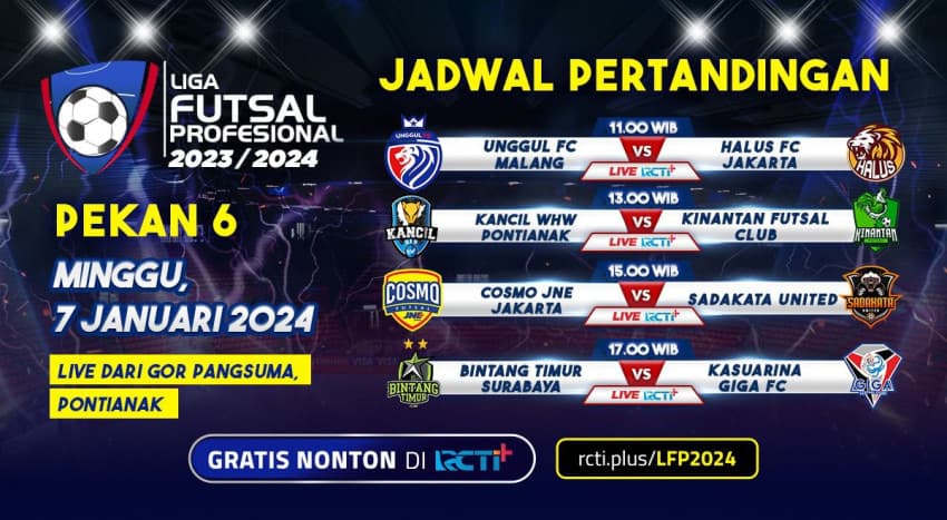 Jadwal Liga Futsal Profesional, Minggu (7/1/2024): Live di RCTI Plus! Jadwal Liga Futsal Profesional, Minggu (7/1/2024): Live di RCTI Plus!