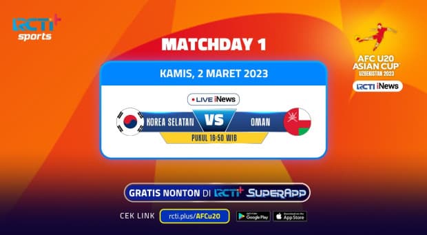 Link Live Streaming Piala Asia U-20 Korea Selatan U-20 vs Oman U-20: Gratis di RCTI Plus! Link Live Streaming Piala Asia U-20 Korea Selatan U-20 vs Oman U-20: Gratis di RCTI Plus!