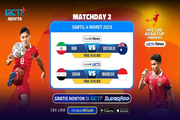 Link Live Streaming RCTI+ Piala Asia U-20 2023: Suriah vs Indonesia dan Iran vs Australia Link Live Streaming RCTI+ Piala Asia U-20 2023: Suriah vs Indonesia dan Iran vs Australia