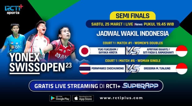 Link Live Streaming Semifinal Swiss Open 2023 di RCTI Plus: Perjuangan 2 Wakil Indonesia! Link Live Streaming Semifinal Swiss Open 2023 di RCTI Plus: Perjuangan 2 Wakil Indonesia!