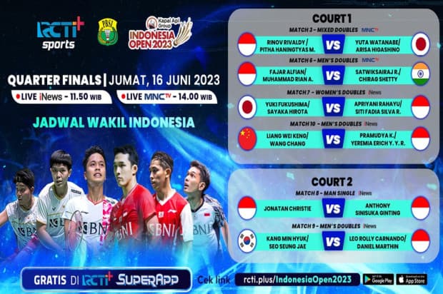 Gratis di RCTI Plus! Link Live Streaming Perempat Final Jago Merah Putih di Indonesia Open 2023 Gratis di RCTI Plus! Link Live Streaming Perempat Final Jago Merah Putih di Indonesia Open 2023