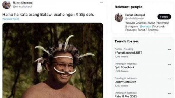 Ruhut Sitompul Unggah Foto Anies Pakai Koteka, Netizen: Begini Kelakuan Ko yangg Ngaku Paling NKRI?