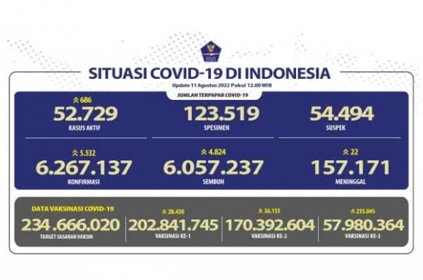 Update Kamis 11 Agustus 2022, Covid-19 di Indonesia Tambah 5.532 kasus
