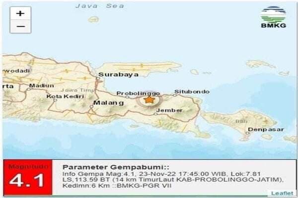 Gempa Magnitudo 4,1 Kabupaten Probolinggo Tak Berpotensi Tsunami