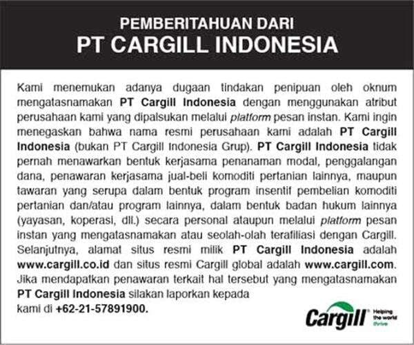 Cargill Indonesia Ingatkan Dugaan Penipuan Mengatasnamakan Perusahaan Cargill Indonesia Ingatkan Dugaan Penipuan Mengatasnamakan Perusahaan