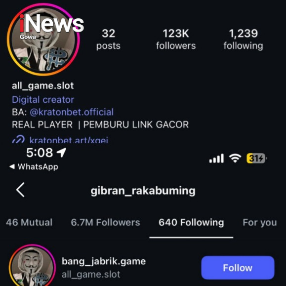 Viral di Sosmed, Instagram Wapres RI Gibran Diduga Follow Akun Judol Viral di Sosmed, Instagram Wapres RI Gibran Diduga Follow Akun Judol