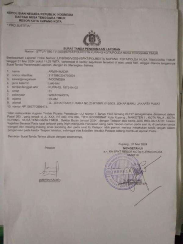 Arwin Kadir Minta Polisi Tuntaskan Dugaan Pemalsuan Dokumen Pencairan Taspen oleh Joyce Kadir. Arwin Kadir Minta Polisi Tuntaskan Dugaan Pemalsuan Dokumen Pencairan Taspen oleh Joyce Kadir.