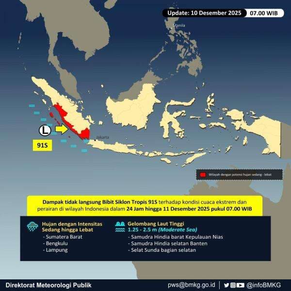 Bibit Siklon 91S Picu Hujan Lebat di Sumatera, BMKG Imbau Masyarakat Tenang dan Waspada Bibit Siklon 91S Picu Hujan Lebat di Sumatera, BMKG Imbau Masyarakat Tenang dan Waspada