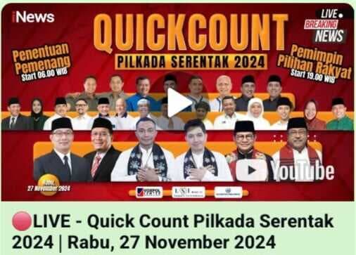 Live Quick Qount Pilkada Serentak 2024 di iNews TV, Klik Linknya Live Quick Qount Pilkada Serentak 2024 di iNews TV, Klik Linknya