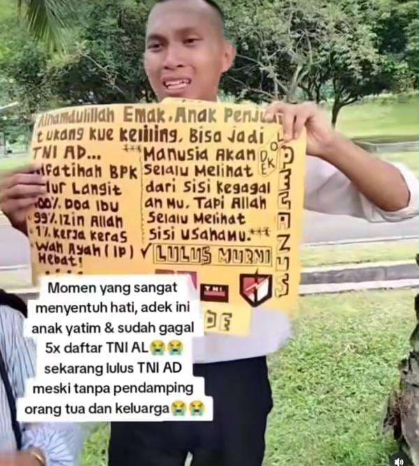 Kisah Haru Anak Yatim Lulus Seleksi TNI AD Setelah Gagal 5 Kali, Telepon Ibunya Sambil Menangis Kisah Haru Anak Yatim Lulus Seleksi TNI AD Setelah Gagal 5 Kali, Telepon Ibunya Sambil Menangis