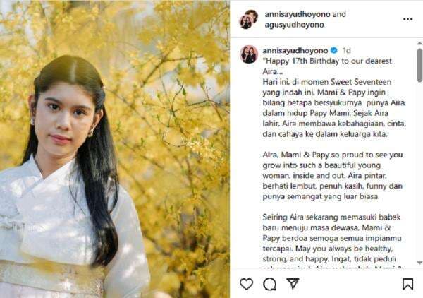 Aira Yudhoyono Ultah ke-17, Annisa Pohan Tulis Pesan Menyentuh Aira Yudhoyono Ultah ke-17, Annisa Pohan Tulis Pesan Menyentuh