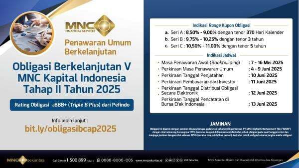 Kupon hingga 11, Ini Jadwal Obligasi Berkelanjutan V MNC Kapital Indonesia (BCAP) Tahap II Tahun 2025 Kupon hingga 11, Ini Jadwal Obligasi Berkelanjutan V MNC Kapital Indonesia (BCAP) Tahap II Tahun 2025
