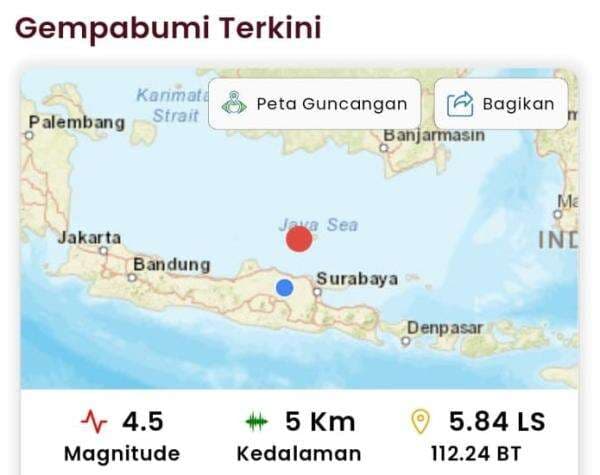 Gempa 4,5 Magnitudo Guncang Timur Laut Tuban, BMKG: Kedalaman 5 Km Gempa 4,5 Magnitudo Guncang Timur Laut Tuban, BMKG: Kedalaman 5 Km