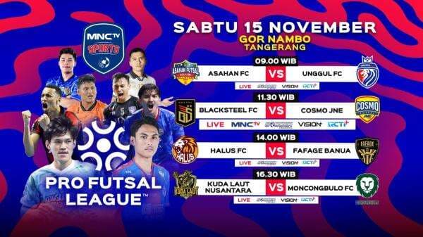 Live MNCTV! Jadwal Siaran Langsung Pro Futsal League Indonesia 2025-2026 Pekan 6: Blacksteel FC vs Cosmo JNE Live MNCTV! Jadwal Siaran Langsung Pro Futsal League Indonesia 2025-2026 Pekan 6: Blacksteel FC vs Cosmo JNE
