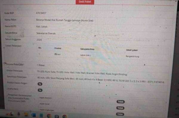 Fantastis! Pemkab Lebak Belanja Rumah Tangga Rp2,4 Miliar, Beli Sofa, TV, dan Video Wall Fantastis! Pemkab Lebak Belanja Rumah Tangga Rp2,4 Miliar, Beli Sofa, TV, dan Video Wall