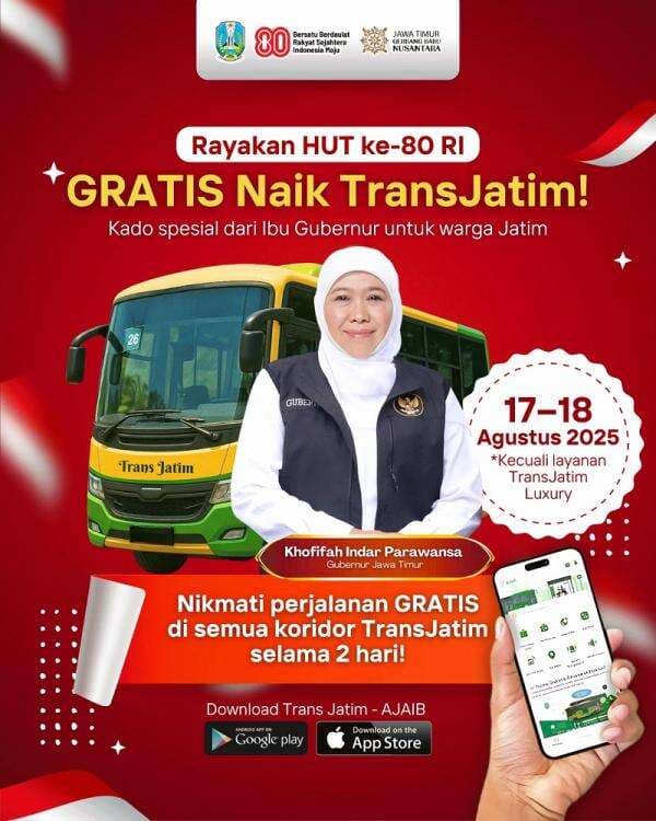 Gubernur Khofifah Gratiskan Bus Trans Jatim Selama DuaHari, Kado Istimewa HUT ke-80 RI Gubernur Khofifah Gratiskan Bus Trans Jatim Selama DuaHari, Kado Istimewa HUT ke-80 RI