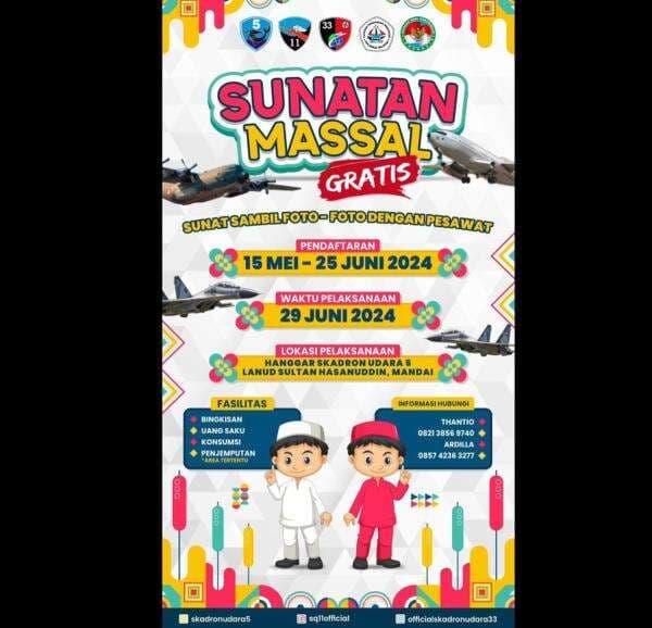 Jelang HUT Skadron Udara 11, 5 dan 33, Lanud Sultan Hasanuddin Gelar Sunatan Massal Jelang HUT Skadron Udara 11, 5 dan 33, Lanud Sultan Hasanuddin Gelar Sunatan Massal