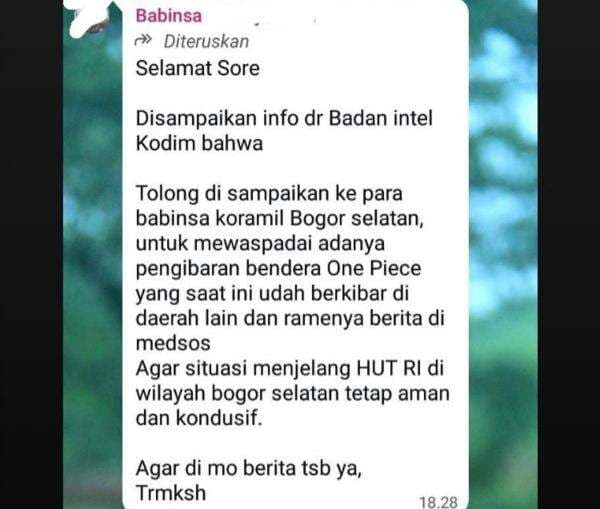 Viral Pesan Waspada Pengibaran Bendera One Piece di Kota Bogor, Dandim: Tidak Benar Viral Pesan Waspada Pengibaran Bendera One Piece di Kota Bogor, Dandim: Tidak Benar