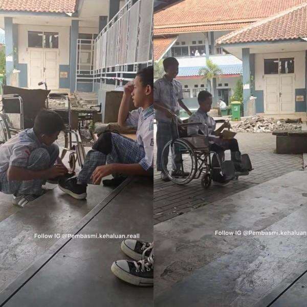 Potret Kepedulian Remaja SMP Bantu Teman Disabilitasnya Pakai Sepatu, Tuai Pujian Warganet Potret Kepedulian Remaja SMP Bantu Teman Disabilitasnya Pakai Sepatu, Tuai Pujian Warganet
