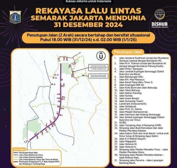 2 Lajur Sudirman-Thamrin dan Sekitar Lapangan Banteng Ditutup saat Malam Tahun Baru, Catat Jalur Alternatifnya! 2 Lajur Sudirman-Thamrin dan Sekitar Lapangan Banteng Ditutup saat Malam Tahun Baru, Catat Jalur Alternatifnya!