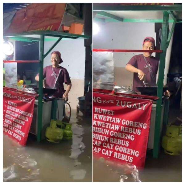 Viral! Pedagang Nasi Goreng Tetap Jualan Meski Terendam Banjir, Warganet Salut Viral! Pedagang Nasi Goreng Tetap Jualan Meski Terendam Banjir, Warganet Salut